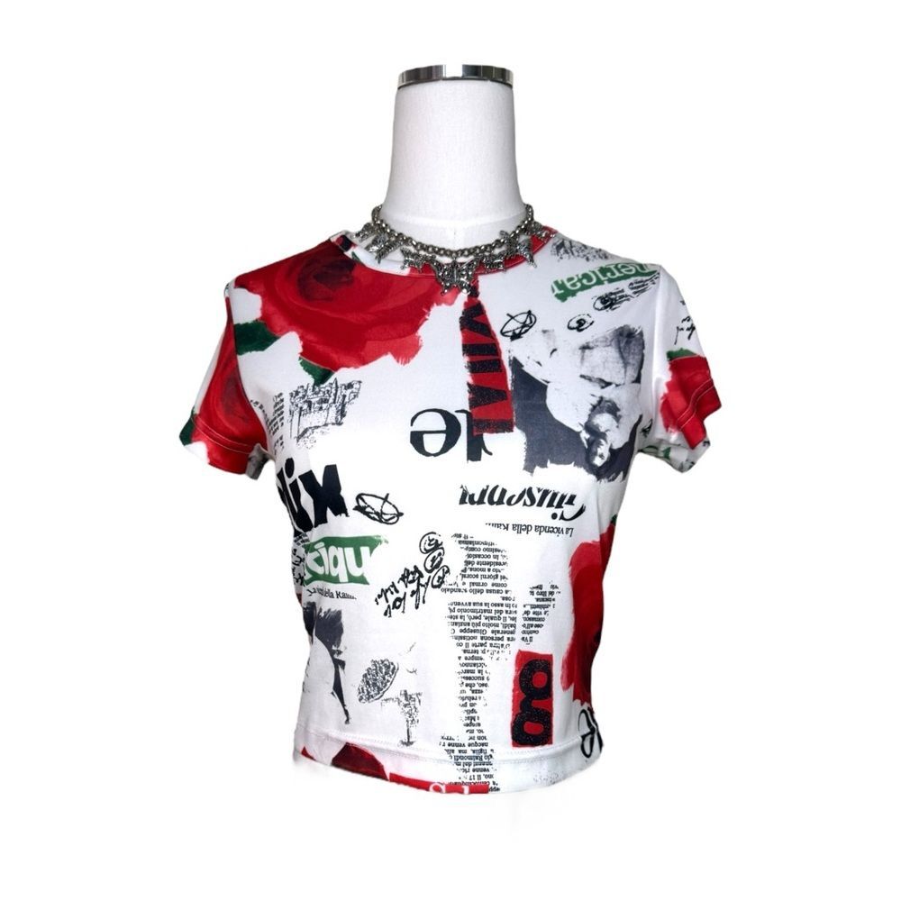 Y2K Anxiety White, Black + Red Graphic Euro Core Text Print Top Size Medium